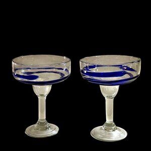 Set of 2 heavy Margarita glasses unbranded clear blue swirl hand blown 7” tall